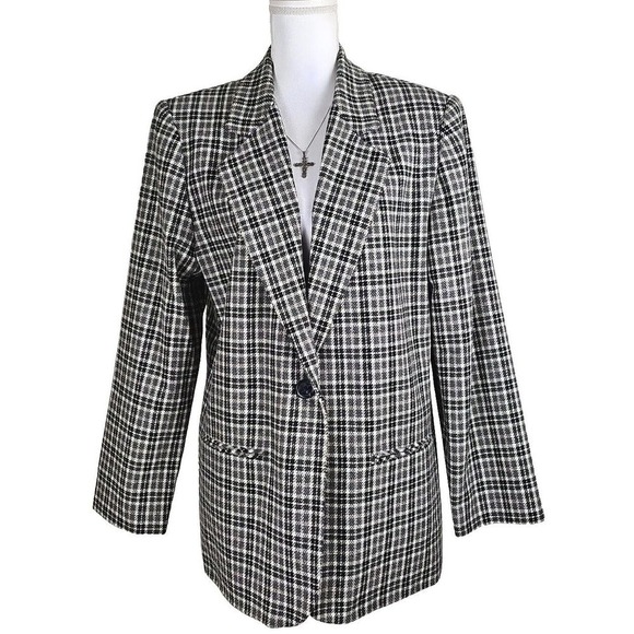 PROPHECY BY SAG HARBOR ~Woman Size 14~ Black/Gray Plaid Print Wool Blend Blazer. - Picture 10 of 12